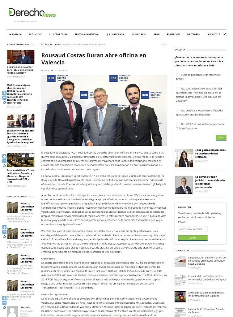 Rousaud Costas Duran abre oficina en Valencia
